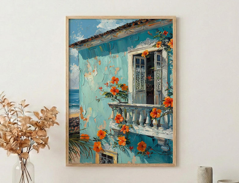 Brazil Wall Art, Salvador Bahia Print, Colonial House, Impasto Oil Painting, Pastel Blue Decor, Tropical Flowers