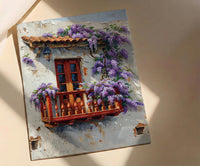 Cartagena Colombia Art, Red Balcony Print, Wisteria Flower, Impasto Oil Painting, White Wall Decor, Latin Poster