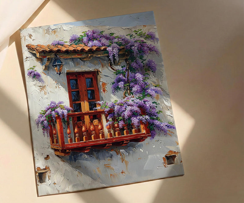 Cartagena Colombia Art, Red Balcony Print, Wisteria Flower, Impasto Oil Painting, White Wall Decor, Latin Poster