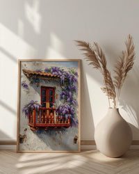 Cartagena Colombia Art, Red Balcony Print, Wisteria Flower, Impasto Oil Painting, White Wall Decor, Latin Poster