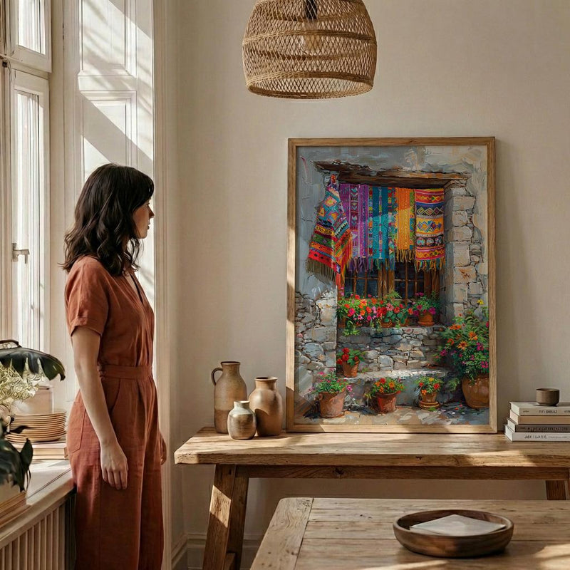 Guatemala Wall Art, Textile Pattern Print, Colorful Window, Impasto Oil Painting, Boho Cultural Art, Travel Gift