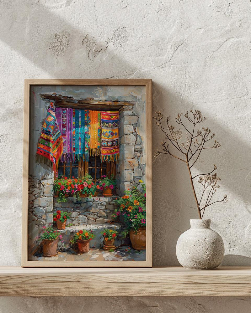 Guatemala Wall Art, Textile Pattern Print, Colorful Window, Impasto Oil Painting, Boho Cultural Art, Travel Gift