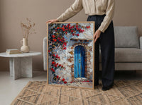 Cusco Peru Wall Art, Inca Stone Wall Print, Blue Door, Impasto Oil Painting, Red Flowers, Andes Decor, Travel Gift