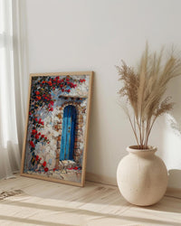 Cusco Peru Wall Art, Inca Stone Wall Print, Blue Door, Impasto Oil Painting, Red Flowers, Andes Decor, Travel Gift