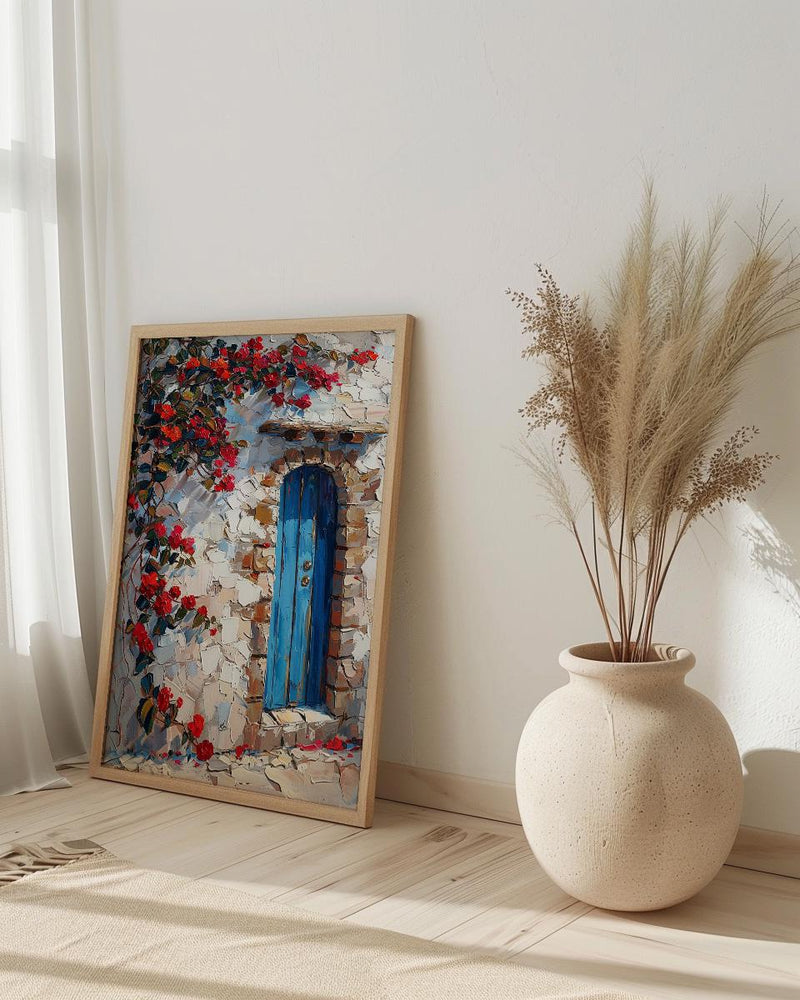 Cusco Peru Wall Art, Inca Stone Wall Print, Blue Door, Impasto Oil Painting, Red Flowers, Andes Decor, Travel Gift