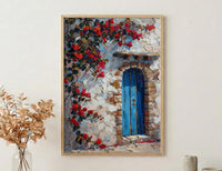 Cusco Peru Wall Art, Inca Stone Wall Print, Blue Door, Impasto Oil Painting, Red Flowers, Andes Decor, Travel Gift