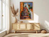 Mexican Tile Art, Orange Stairs Print, Talavera Decor, Impasto Oil Painting, Potted Plants, Vibrant Home, Summer