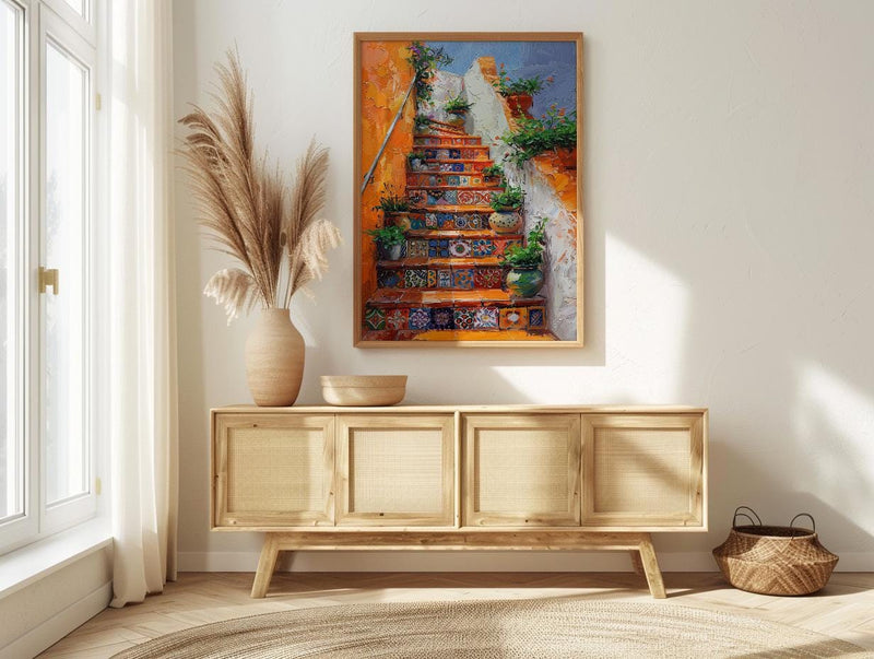 Mexican Tile Art, Orange Stairs Print, Talavera Decor, Impasto Oil Painting, Potted Plants, Vibrant Home, Summer