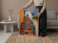 Mexican Tile Art, Orange Stairs Print, Talavera Decor, Impasto Oil Painting, Potted Plants, Vibrant Home, Summer