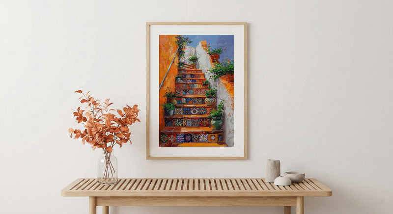 Mexican Tile Art, Orange Stairs Print, Talavera Decor, Impasto Oil Painting, Potted Plants, Vibrant Home, Summer