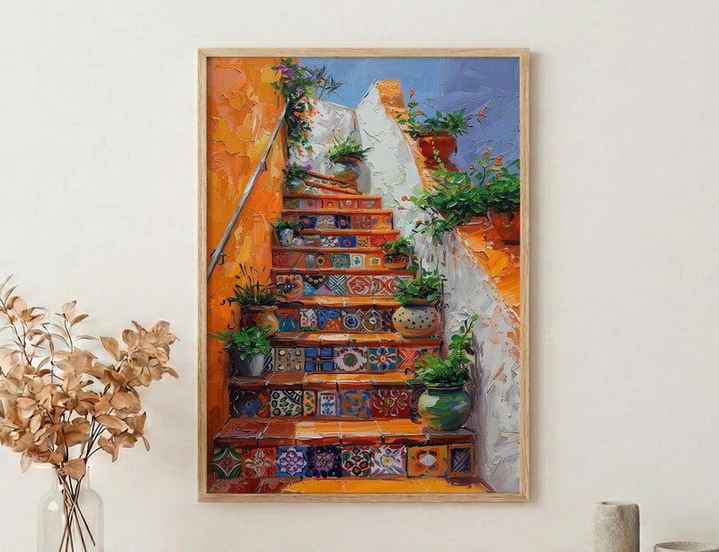 Mexican Tile Art, Orange Stairs Print, Talavera Decor, Impasto Oil Painting, Potted Plants, Vibrant Home, Summer
