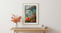 Caribbean Wall Art, Turquoise House Print, Hibiscus Flower, Impasto Oil Painting, Tropical Decor, Beach Cottage
