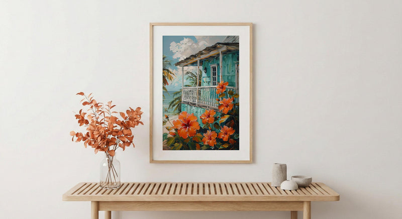 Caribbean Wall Art, Turquoise House Print, Hibiscus Flower, Impasto Oil Painting, Tropical Decor, Beach Cottage