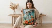 Caribbean Wall Art, Turquoise House Print, Hibiscus Flower, Impasto Oil Painting, Tropical Decor, Beach Cottage
