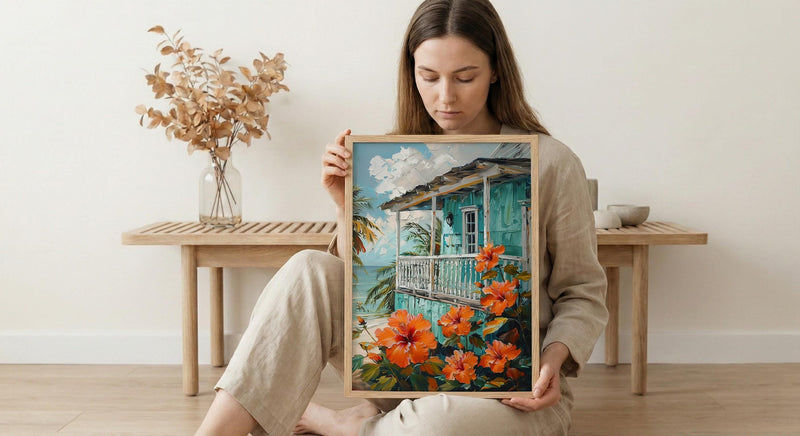 Caribbean Wall Art, Turquoise House Print, Hibiscus Flower, Impasto Oil Painting, Tropical Decor, Beach Cottage