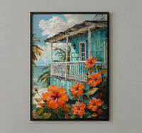 Caribbean Wall Art, Turquoise House Print, Hibiscus Flower, Impasto Oil Painting, Tropical Decor, Beach Cottage