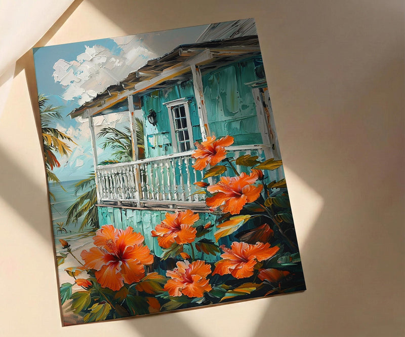Caribbean Wall Art, Turquoise House Print, Hibiscus Flower, Impasto Oil Painting, Tropical Decor, Beach Cottage
