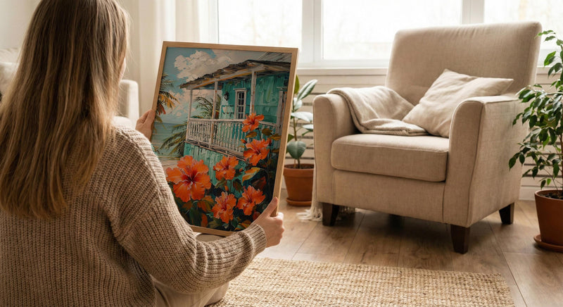 Caribbean Wall Art, Turquoise House Print, Hibiscus Flower, Impasto Oil Painting, Tropical Decor, Beach Cottage