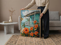 Caribbean Wall Art, Turquoise House Print, Hibiscus Flower, Impasto Oil Painting, Tropical Decor, Beach Cottage
