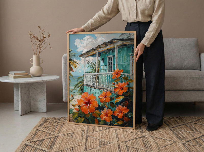 Caribbean Wall Art, Turquoise House Print, Hibiscus Flower, Impasto Oil Painting, Tropical Decor, Beach Cottage