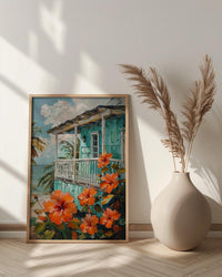 Caribbean Wall Art, Turquoise House Print, Hibiscus Flower, Impasto Oil Painting, Tropical Decor, Beach Cottage