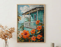 Caribbean Wall Art, Turquoise House Print, Hibiscus Flower, Impasto Oil Painting, Tropical Decor, Beach Cottage