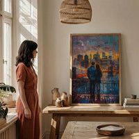 New York Wall Art, Brooklyn Bridge Couple Print, NYC Skyline Painting, Romantic Anniversary Gift, Urban City Decor