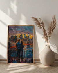 New York Wall Art, Brooklyn Bridge Couple Print, NYC Skyline Painting, Romantic Anniversary Gift, Urban City Decor
