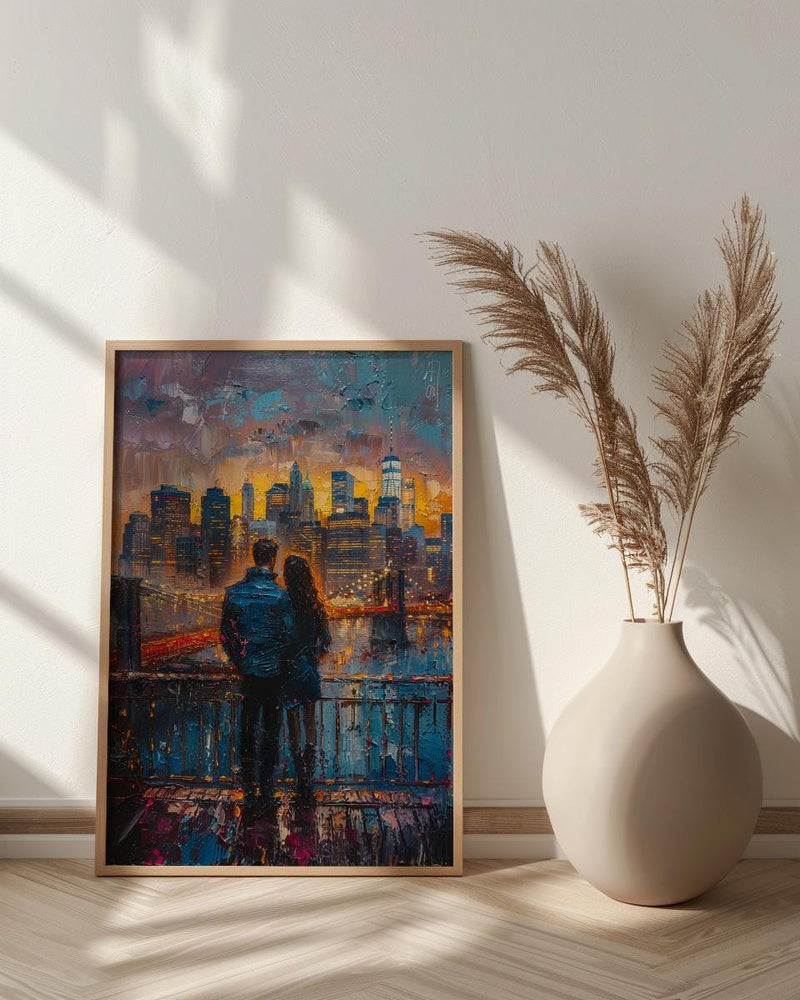 New York Wall Art, Brooklyn Bridge Couple Print, NYC Skyline Painting, Romantic Anniversary Gift, Urban City Decor