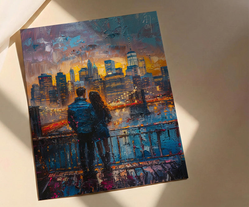 New York Wall Art, Brooklyn Bridge Couple Print, NYC Skyline Painting, Romantic Anniversary Gift, Urban City Decor