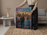 New York Wall Art, Brooklyn Bridge Couple Print, NYC Skyline Painting, Romantic Anniversary Gift, Urban City Decor