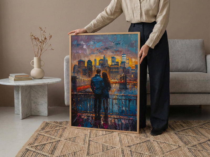 New York Wall Art, Brooklyn Bridge Couple Print, NYC Skyline Painting, Romantic Anniversary Gift, Urban City Decor