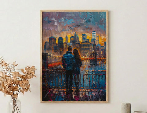 New York Wall Art, Brooklyn Bridge Couple Print, NYC Skyline Painting, Romantic Anniversary Gift, Urban City Decor