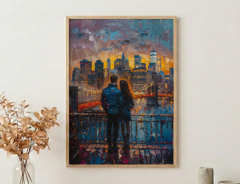 New York Wall Art, Brooklyn Bridge Couple Print, NYC Skyline Painting, Romantic Anniversary Gift, Urban City Decor