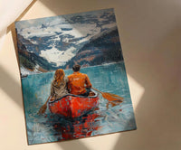 Canada Wall Art, Banff Lake Louise Print, Couple Canoe Painting, Turquoise Lake Landscape, Mountain Nature Decor