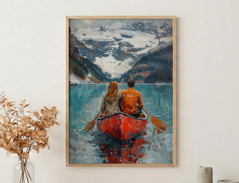 Canada Wall Art, Banff Lake Louise Print, Couple Canoe Painting, Turquoise Lake Landscape, Mountain Nature Decor