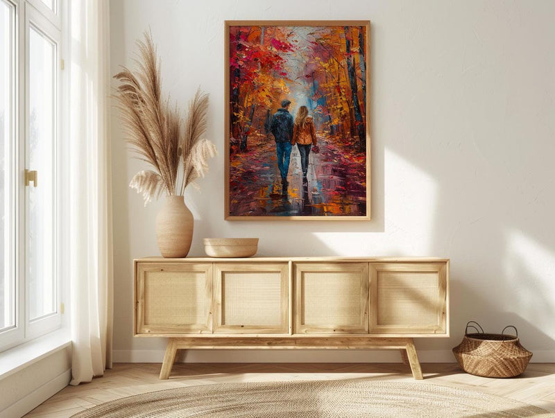 Autumn Wall Art, Vermont Fall Foliage Print, Romantic Couple Walking, Orange Season Painting, Cozy Home Decor