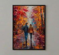 Autumn Wall Art, Vermont Fall Foliage Print, Romantic Couple Walking, Orange Season Painting, Cozy Home Decor