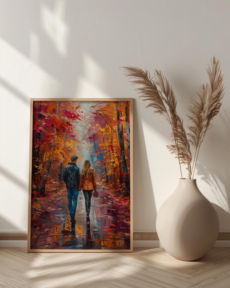 Autumn Wall Art, Vermont Fall Foliage Print, Romantic Couple Walking, Orange Season Painting, Cozy Home Decor