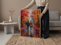 Autumn Wall Art, Vermont Fall Foliage Print, Romantic Couple Walking, Orange Season Painting, Cozy Home Decor