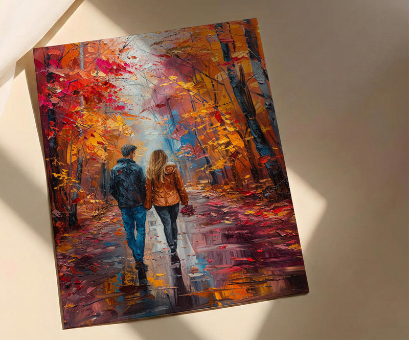 Autumn Wall Art, Vermont Fall Foliage Print, Romantic Couple Walking, Orange Season Painting, Cozy Home Decor