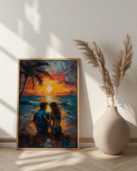 California Wall Art, Beach Sunset Couple Print, Ocean View Painting, Palm Tree Decor, Summer Vibe Art