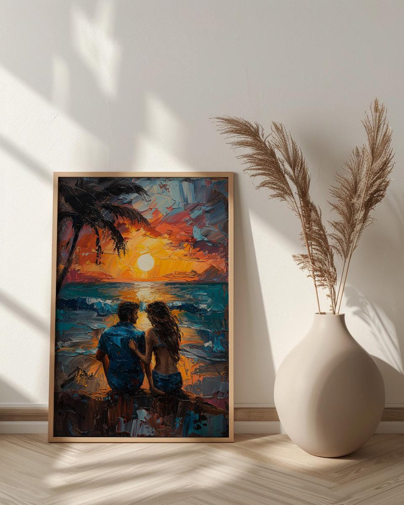 California Wall Art, Beach Sunset Couple Print, Ocean View Painting, Palm Tree Decor, Summer Vibe Art