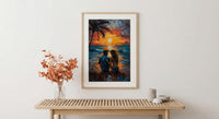 California Wall Art, Beach Sunset Couple Print, Ocean View Painting, Palm Tree Decor, Summer Vibe Art