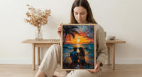 California Wall Art, Beach Sunset Couple Print, Ocean View Painting, Palm Tree Decor, Summer Vibe Art