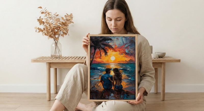 California Wall Art, Beach Sunset Couple Print, Ocean View Painting, Palm Tree Decor, Summer Vibe Art