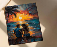 California Wall Art, Beach Sunset Couple Print, Ocean View Painting, Palm Tree Decor, Summer Vibe Art