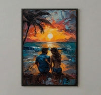 California Wall Art, Beach Sunset Couple Print, Ocean View Painting, Palm Tree Decor, Summer Vibe Art