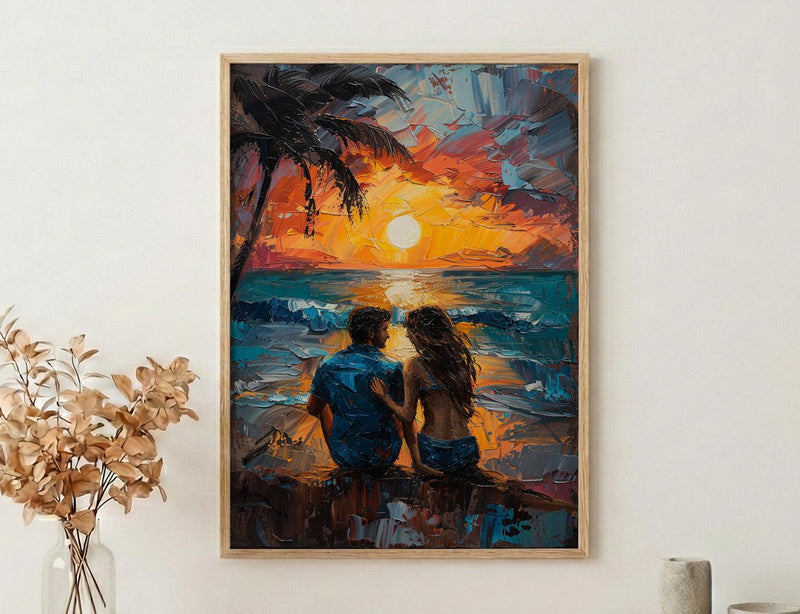 California Wall Art, Beach Sunset Couple Print, Ocean View Painting, Palm Tree Decor, Summer Vibe Art