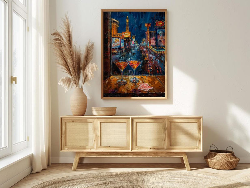 Las Vegas Wall Art, Open Window View, Neon Night City Print, Casino Bar Decor, Impasto Oil Painting